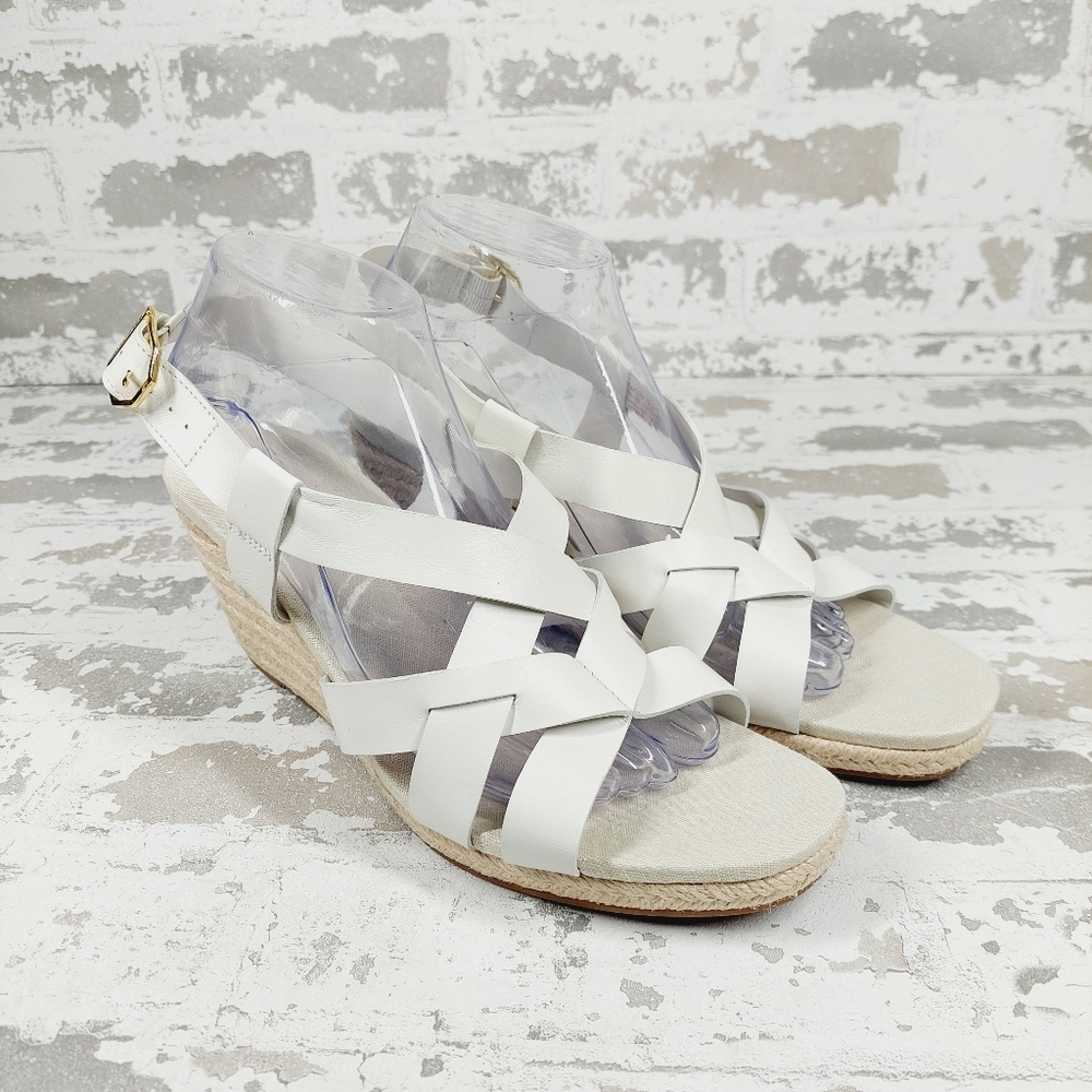 NEW Cole Haan Crystal White Leather Buckle Sling Back Summer Wedge Sandals K131 - Picture 4 of 13